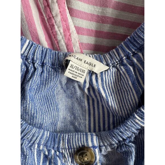 American Eagle Blue Striped Linen Blend Puff Sleeve Off The Shoulder Crop Top XL - Picture 4 of 5